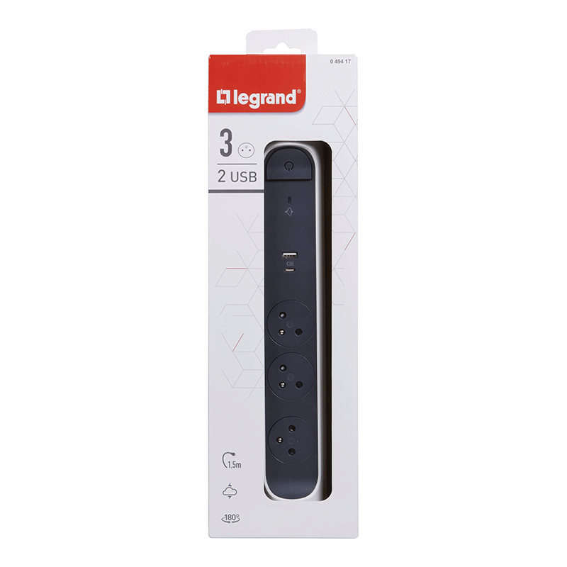 Multiprise LEGRAND 3*2P+T Parafoudre USB A+C 1.5M
