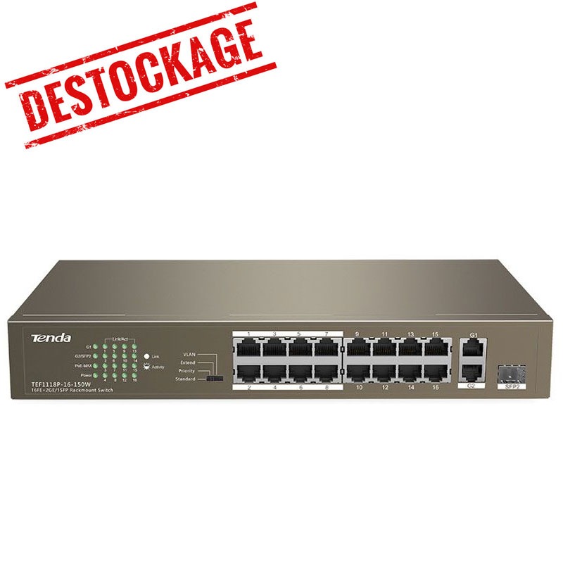 Switch de bureau TENDA TEF1118P-16-150W 16FE+2GE/1SFP avec PoE 16 ports Switch de bureau TENDA TEF1118P-16-150W 16FE+2GE/1SFP avec PoE 16 ports