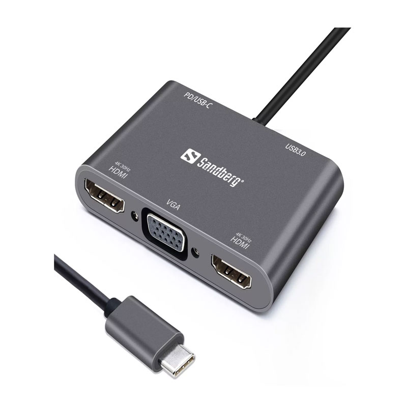 Station d'accueil SANDBERG Dock USB-C 2XHDMI+1XVGA+USB+PD - Gris Station d'accueil SANDBERG Dock USB-C 2XHDMI+1XVGA+USB+PD - Gris