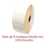 Pack de 5 Rouleaux d'Étiquettes Thermiques 50 x 30 mm - 1000 Étiquettes
