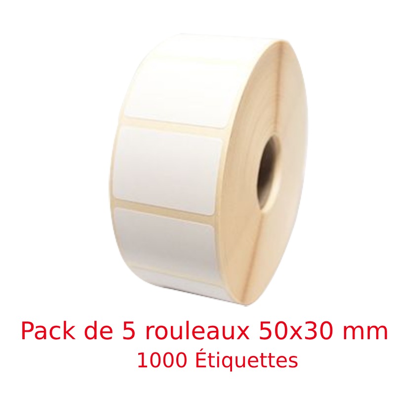 Pack de 5 Rouleaux d'Étiquettes Thermiques 50 x 30 mm - 1000 Étiquettes Pack de 5 Rouleaux d'Étiquettes Thermiques 50 x 30 mm - 1000 Étiquettes